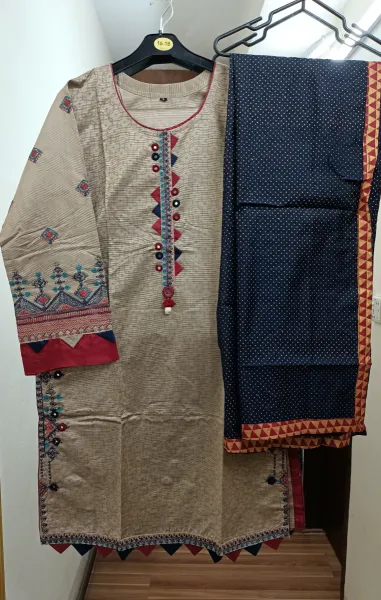 Pakistani Original Rangoon Stitched Cotton 3 Pcs _ Beige